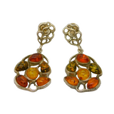 Pair of Sterling Silver Multi Baltic Amber Stud Drop Earrings Vintage c1970