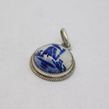 Sterling Silver Dutch Delft Ceramic Windmill Scene Round Pendant Vintage c1970
