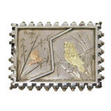 Victorian Sterling Silver & Gold Aesthetic Movement Owl & Insect Brooch Antique
