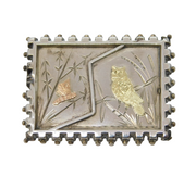 Victorian Sterling Silver & Gold Aesthetic Movement Owl & Insect Brooch Antique