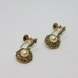 Pair of Sterling Silver Pearl & Marcasite Deco Screw Back Earrings Antique c1930