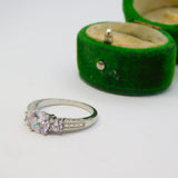 Sterling Silver 3 Stone CZ Set Patterned Band Ring Vintage c1970 Size N