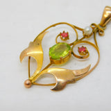 Edwardian 9ct Gold, Peridot, Ruby & Seed Pearl Lavalier Drop Pendant Antique