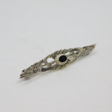 Sterling Silver Black Onyx Oval Set Wing Form Bar Brooch Pin Vintage c1970