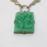 20th Century Silver Plated Carved Jade Style Glass Pendant Necklace Antique
