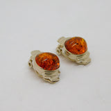 Pair of Sterling Silver Deco Style Baltic Amber Clip-On Earrings Vintage c1970