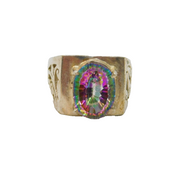 Sterling Silver Green-Purple Mystic Crystal Signet Ring Vintage c1970 Size S 1/2