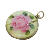 Art Deco Sterling Silver & Rose Flower Guilloche Enamel Pendant Antique