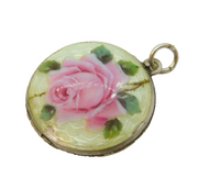 Art Deco Sterling Silver & Rose Flower Guilloche Enamel Pendant Antique