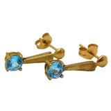 Pair of 9ct Yellow Gold & Blue Topaz Drop Stud Earrings Vintage c1990s
