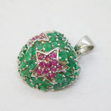 Sterling Silver, Emerald & Ruby Set Starburst Heart Pendant Vintage c2000s