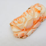Chinese Yellow Metal Carved Angel Skin Coral Floral Brooch Antique c1940