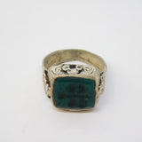 20th Century White Metal Green Agate Insect Intaglio Signet Ring Antique c1920