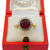 Boxed 18ct Yellow Gold, Garnet & Diamond Floral Engagement Ring Antique