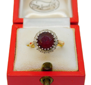 Boxed 18ct Yellow Gold, Garnet & Diamond Floral Engagement Ring Antique