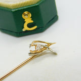 18ct Two-Tone Gold Diamond Set Wishbone Lucky Stick Pin Vintage c1970