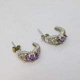 Pair of Sterling Silver Amethyst Set Half Hoop Stud Earrings Vintage c1970