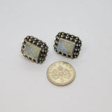 Pair of Sterling Silver Carved Clover On Moonstone Stud Earrings Vintage c1970