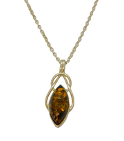 Sterling Silver Baltic Amber Celtic Style Ellipse Pendant Necklace Modern c2000