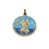 Sterling Silver Blue Enamel St Christopher Travel Charm Pendant Vintage c1970s
