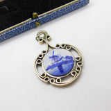 Delft Dutch Windmill Scene & White Metal Drop Pendant Antique c1920 Deco