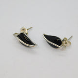 Pair of Sterling Silver Black Onyx Agate Leaf Form Stud Earrings Modern c2000