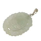 Chinese Large Sterling Silver Carved Jade Character Pendant Vintage c1960