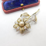 Gold on Sterling Silver, Pearl & Paste Set Floral Statement Brooch Vintage c1980