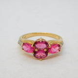 10ct Yellow Gold, Rubellite & Diamond Floral Dress Ring Vintage Birmingham