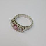 Sterling Silver 3 Stone Pink & Clear CZ Dress Ring Vintage c1970 Size P