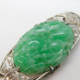 20th Century 9ct White Gold, Diamond & Carved Jade Floral Brooch Antique