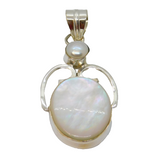 Sterling Silver Oval Mother Of Pearl & Pearl Large Drop Pendant Modern c1990s