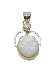 Sterling Silver Oval Mother Of Pearl & Pearl Large Drop Pendant Modern c1990s