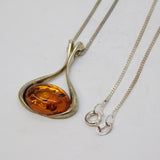 Sterling Silver & Baltic Amber Drop Pendant Necklace Vintage c1990s