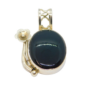 Sterling Silver Large Oval Black Onyx Agate & Flower Charm Pendant Vintage c1970