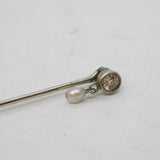 Victorian 9ct White Gold 0.2ct Diamond & Pearl Stick Pin Antique c1890s