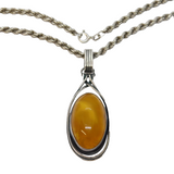 Sterling Silver Modernist Baltic Amber Drop Pendant Necklace Vintage c1960