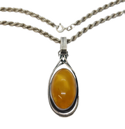 Sterling Silver Modernist Baltic Amber Drop Pendant Necklace Vintage c1960