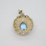 .935 Silver Blue Faceted Glass Patterned Oval Drop Pendant Vintage c1970