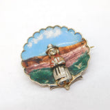 Sterling Silver Enamel Welsh Lady Souvenir Brooch Pin Antique c1920 Art Deco