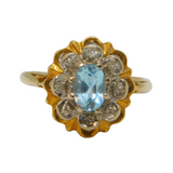 20th Century 18ct Yellow Gold, Blue Zircon & Diamond Floral Cluster Ring Antique