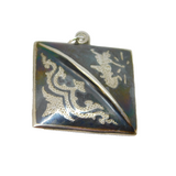 Sterling Silver Niello Enamel Patterned Square Charm Pendant Antique c1930