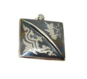 Sterling Silver Niello Enamel Patterned Square Charm Pendant Antique c1930