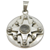 Large Sterling Silver Cross Pattern Moonstone Cabochon Pendant Vintage c1970