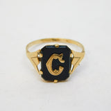 Art Deco 9ct Yellow Gold & Onyx Set 'C' Initial Mourning Ring Antique c1930s