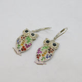 Pair of Sterling Silver Multi-Colour Gemstone Owl Drop Earrings Vintage c1990