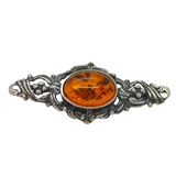 Sterling Silver Oval Baltic Amber Ornate Bar Brooch Pin Vintage c1970
