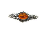 Sterling Silver Oval Baltic Amber Ornate Bar Brooch Pin Vintage c1970