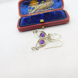 Sterling Silver Cabochon Amethyst Set Modernist Drop Earrings Vintage c1990