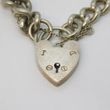 Sterling Silver Chunky Curb Link Heart Lock Charm Bracelet Vintage c1970s